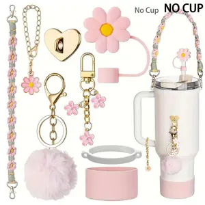 8pcs Accessories Set for 40 & 30oz Cups, Includes Handle Strap, Straw Cover Cap, Water Strap, Heart Hook, Silicone Sleeve Boot, Keychain Charms, Drink Protector