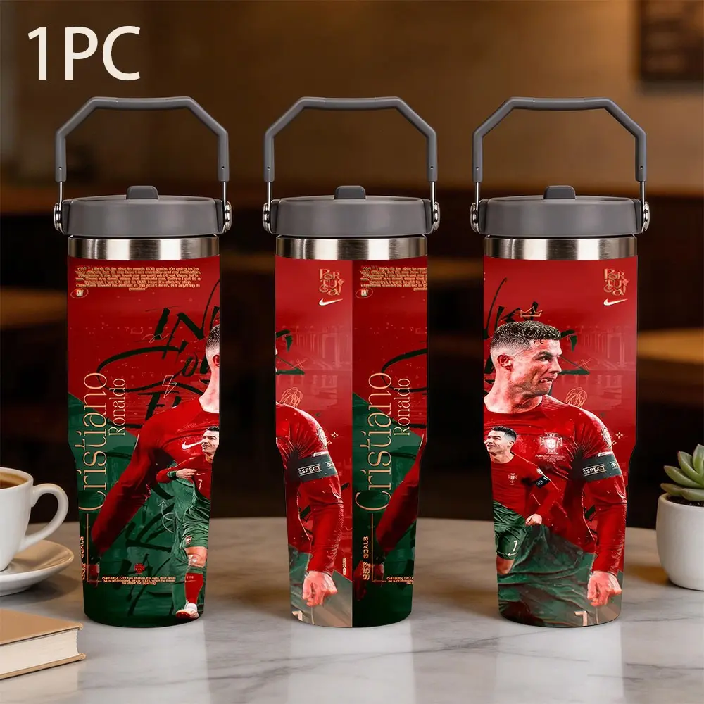 1pc 30oz Large Capacity Portable Thermos Cup, Stainless Steel, with Cristiano Ronaldo Theme Pattern, Gold "Cristiano Ronaldo" Vertical Font, Ideal for Ronaldo Fans & Collectors