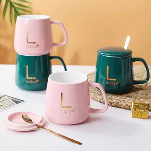 Cute Pink and Emerald Green "Lucky" Ceramic Mug Gift Set with Lid and Golden Spoon, Perfect Tea and Coffee Cup for Best Friend Colleague Couple Gift, Birthday Anniversary Valentine's Day Gifts Set