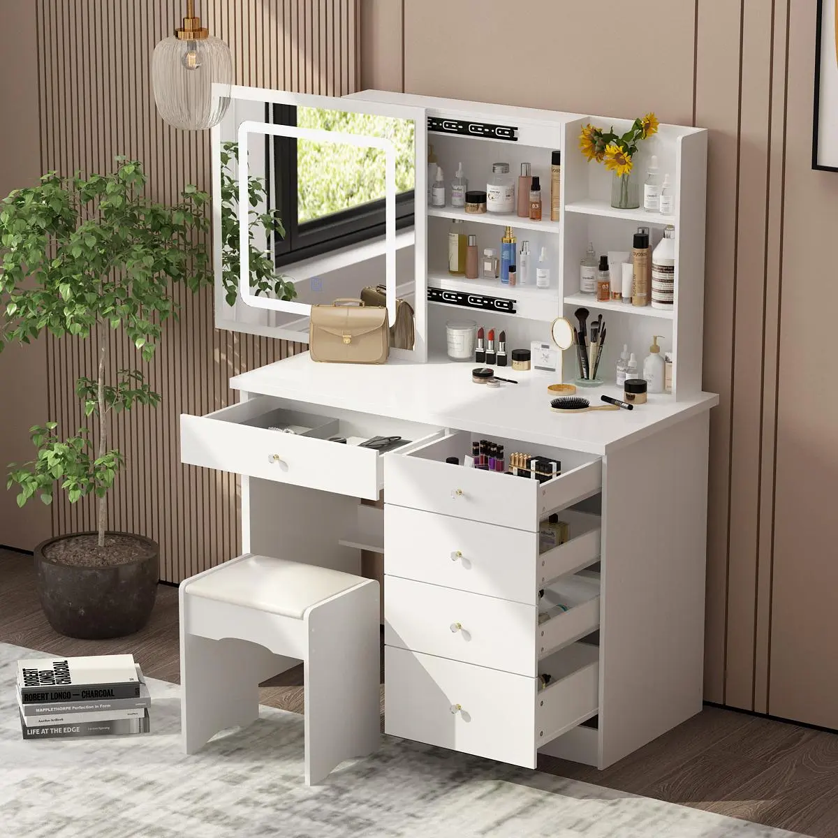 FUFU&GAGA Large Makeup Vanity Set, Lighted Sliding Mirror Dressing Table, Cushioned Stool Included (Indoor Furniture Desk)