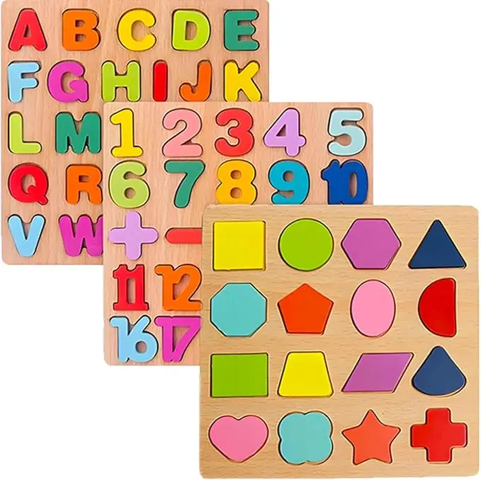 Montessori Wooden Puzzles for Toddlers 3-5 3-in-1 Alphabet & Number Learning Puzzle Educational Wooden Toys for Boys & Girls Preschool Cognitive Development Activity Natural Wood Birthday Gift