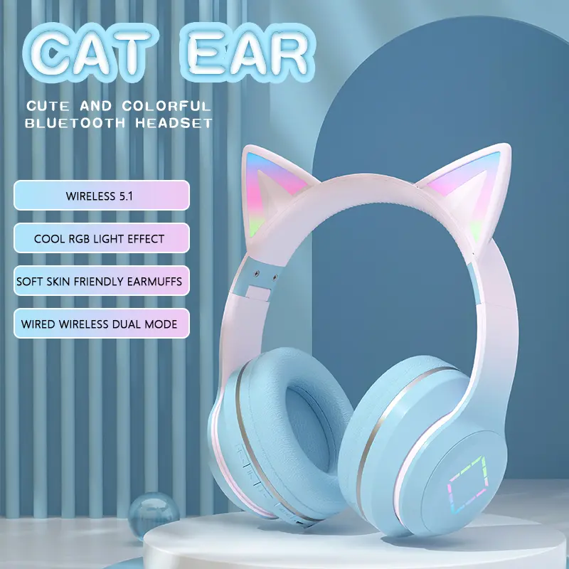 Luminous Cat Ear Bluetooth Headset Wireless 5.1 with RGB Light Effect Ultra Long Battery Life Gradient Color Soft Skin Friendly Earmuffs Connects to 3.5mm Audio Cable Interface