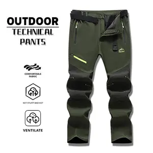 Military Green Patchwork Mesh Hiking Pants — Water-Resistant, Stretch Straight-Leg Mountaineering Pants, Durable Outdoor Full-Length Pants