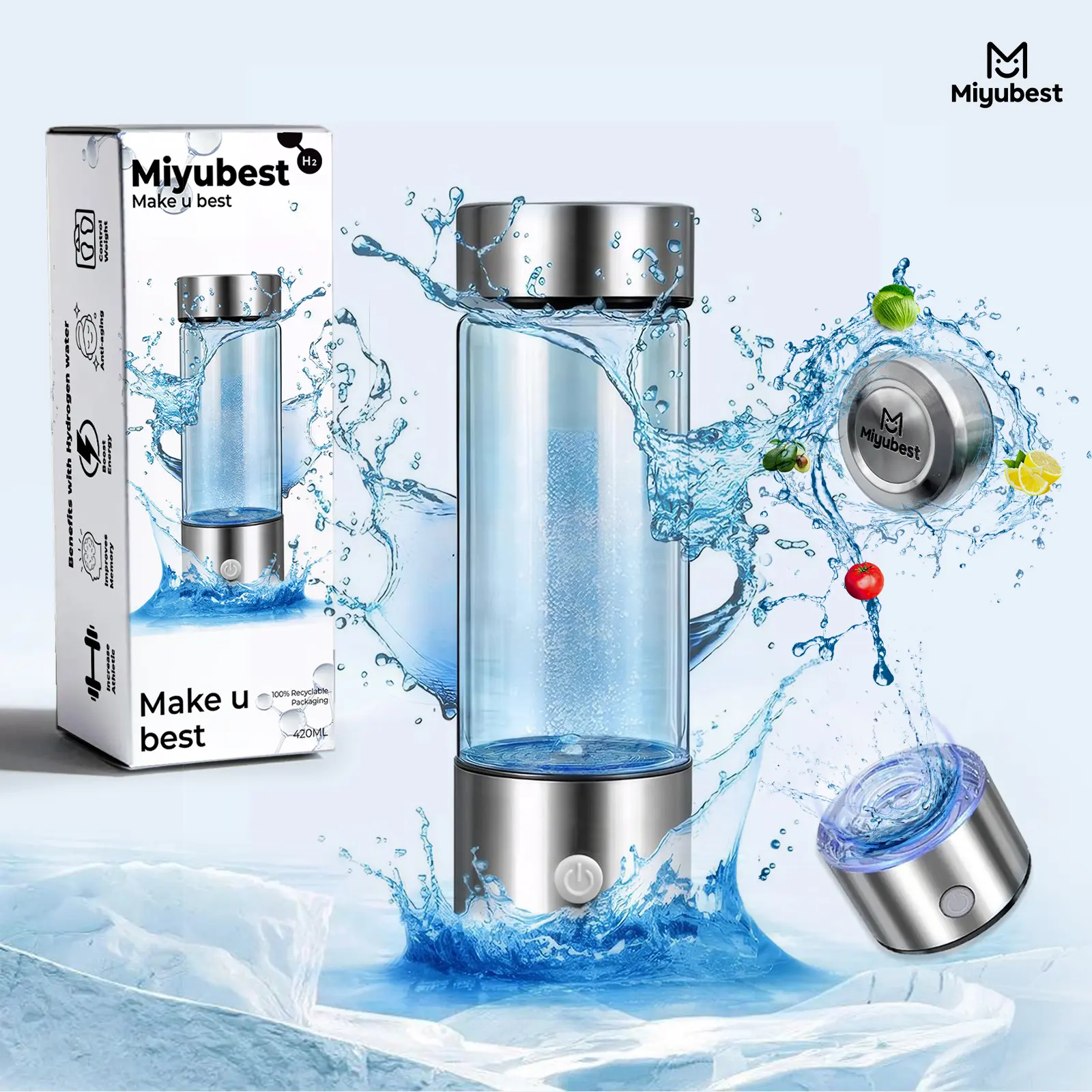 Miyubest 420ml Reusable Unisex Hydrogen Generator Water Bottle - Antioxidant Protection, BPA-Free, 1-Button Control, SPE PEM Tech, Portable Size, for Home/Office/Travel, Sports & Outdoor Camping Use