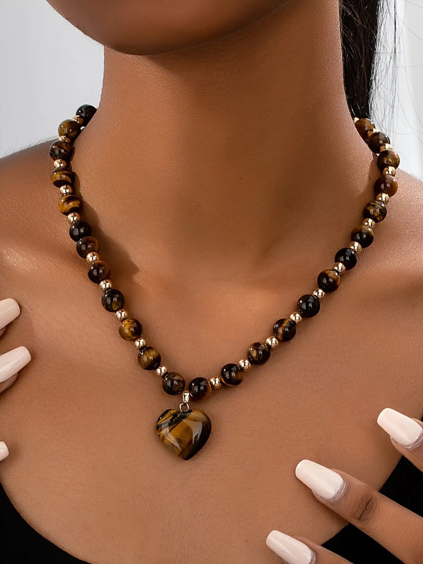 Fashion Meleah Tiger Eye Necklace, Natural Stone Heart Pendant, Exquisite Trendy Pendant, Stylish Jewelry for Women, Unique Design Accessory, Heart Shaped Pendant