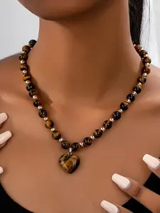 Fashion Meleah Tiger Eye Necklace, Natural Stone Heart Pendant, Stylish Jewelry for Women, Unique Design Accessory, Heart Shaped Pendant