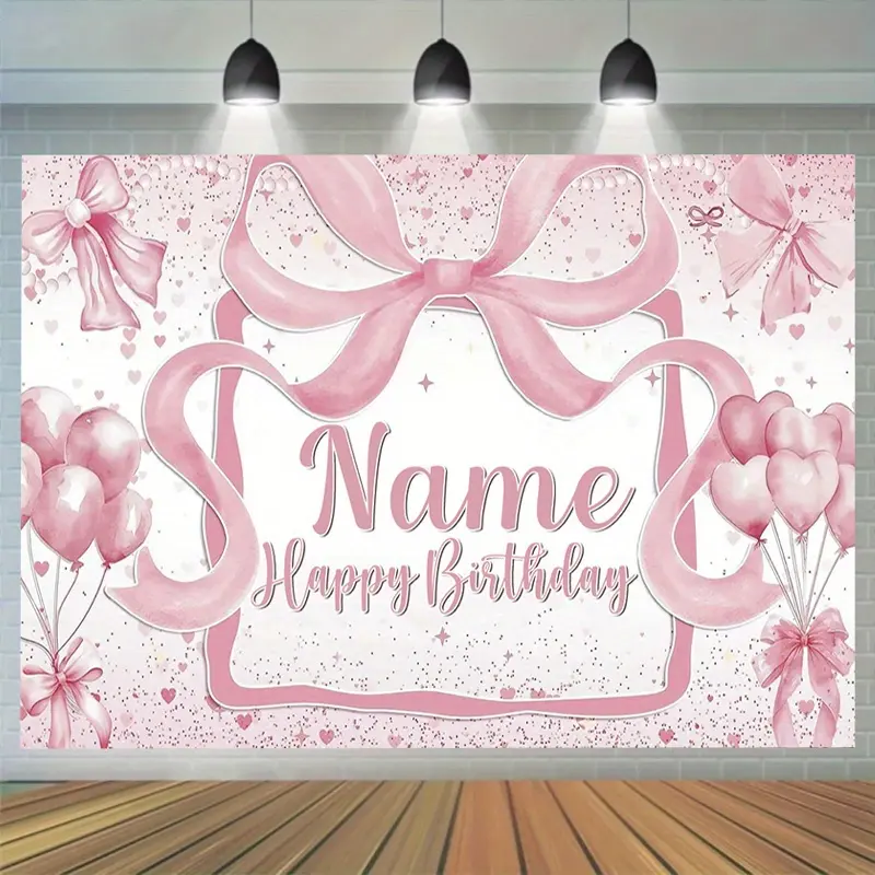 Personalized Polyester Birthday Banner - 1pc Custom Name, Pink Bow Ribbon, Balloons Design, 90.5x70.8in Party Backdrop, Festive Home Party Decoration Supplies