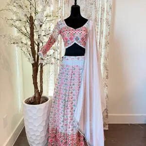 White Foil Mirror Lehenga Choli Set with Floral Design Size -36