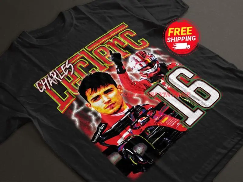 Men's 90s Vintage Charles Leclerc Racing Graphic Short-Sleeve Cotton T-Shirt, Round Neck Menswear, Classic Casual Streetwear, Comfortable Fit, Ideal Gift for Racing Fans, Unisex Casual Vintage Top, Tshirt