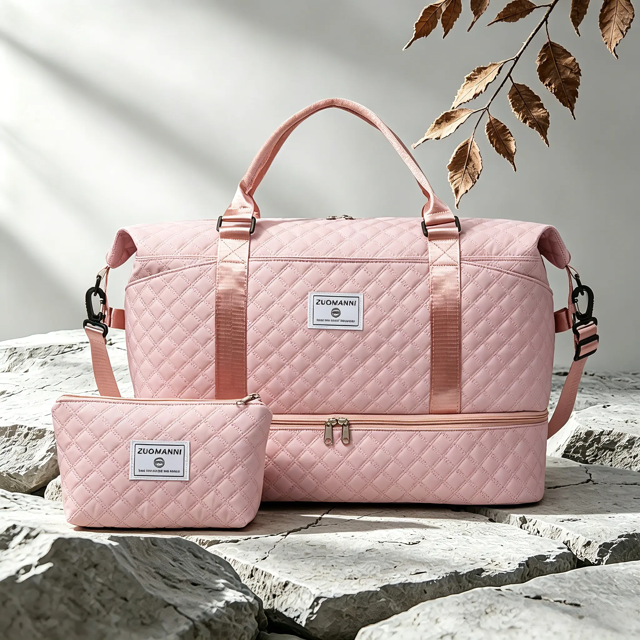 2PCS Travel Duffel Bag Set, Large Capacity Quilted Gym Bag with Shoe Compartment, Weekender Carry-On Bag for Travel, Fitness & Daily Use