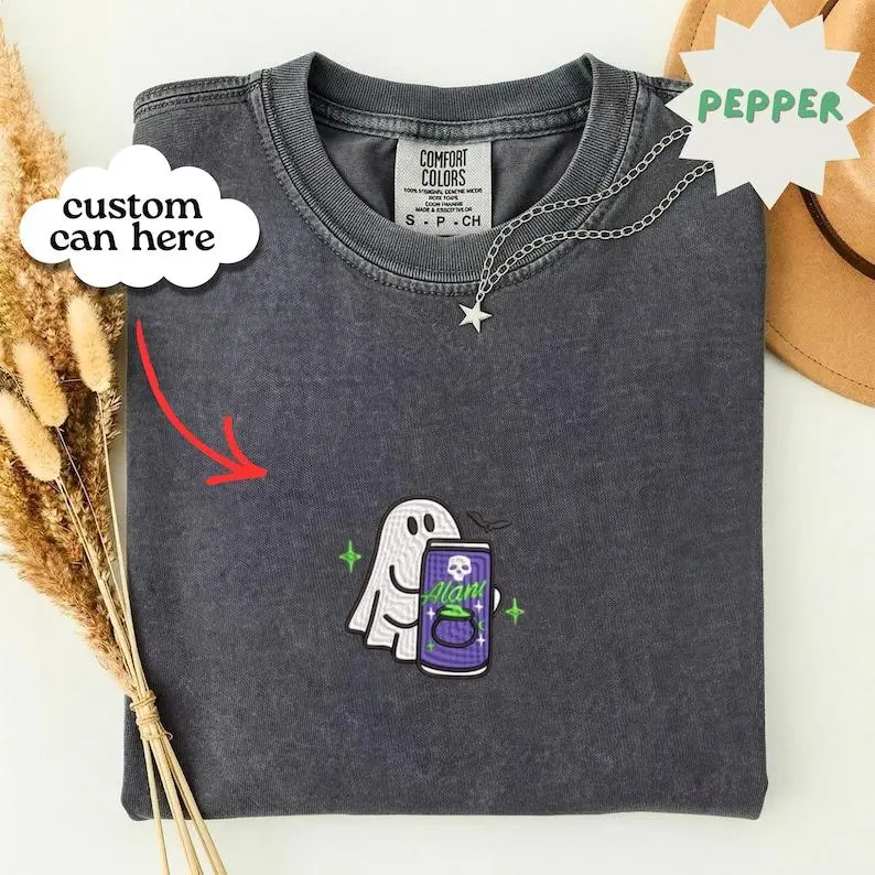 Embroidered Comfort Colors Spooky Ghost Alani Shirt, Cute Fall Embroidery Sweatshirt, Cozy Ghost Drink Cup Tee, Spooky Season Halloween Gift