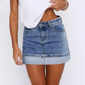 Womens Mini Denim Skirt Stretch High Waisted Fold Hem Jean Skirt Trendy Y2K Bodycon Skirts