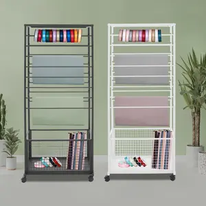 16 Tier Double Sided Ribbon Organizer Rack with Lockable Wheels Freestanding Craft Storage Display Stand for Fabric Shop Black White