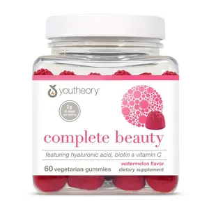 Youtheory Complete Beauty Gummies, Watermelon Flavor, Featuring hyaluronic Acid, biotin & Vitamin C, 60vegetarian Gummies