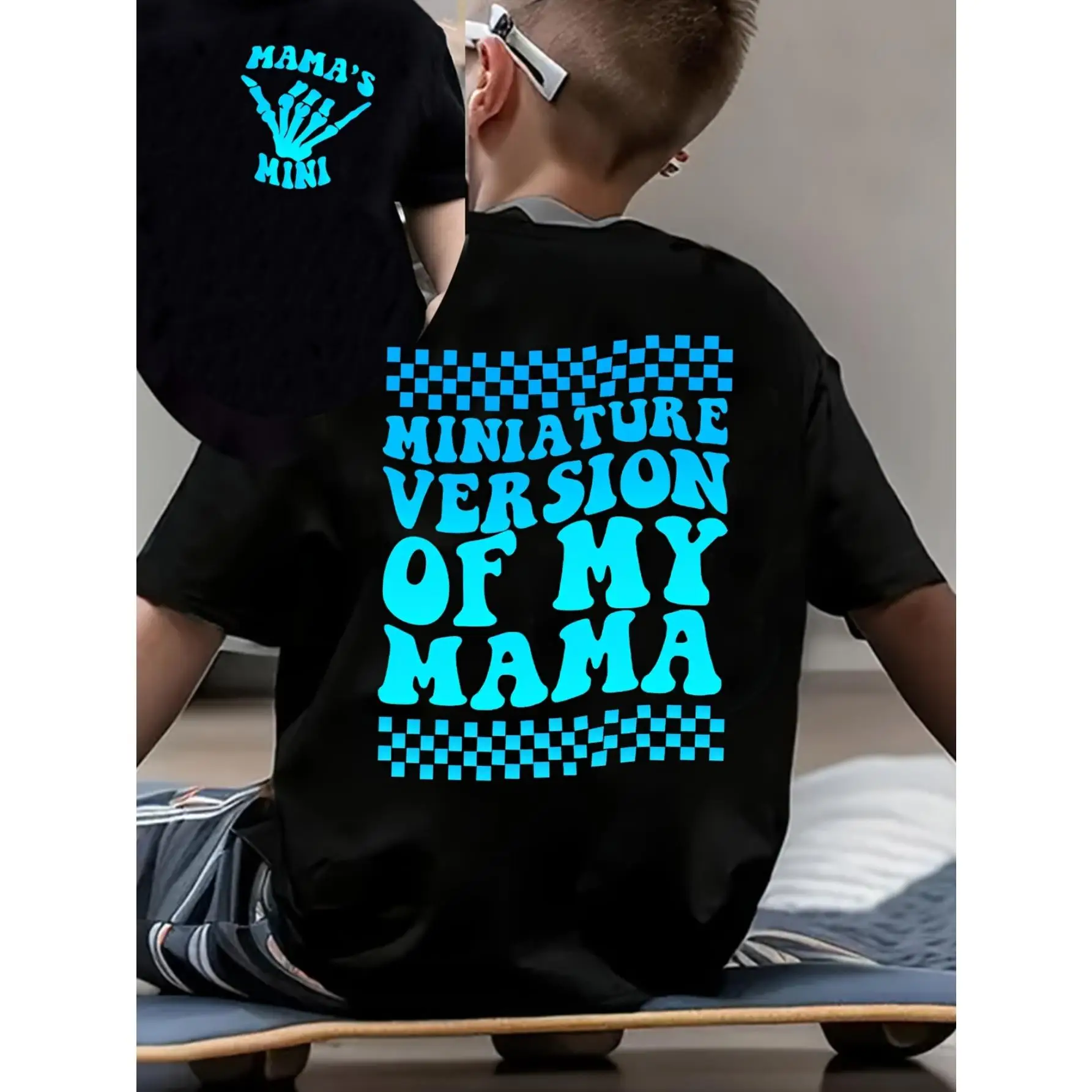 [Boys' Cotton Tee] Boys' Breathable Cotton T-Shirt "Miniature Version of My Mama" | Dual-Sided Print, Black with Blue Lettering, Round Neck Short Sl