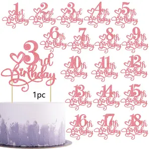 1 Pack Glitter Pink Happy 1~18th Birthday Cake Topper Heart Star 1~18 Fabulous Cake Pick Birthday Sign Cake Decorations for 1~18th Birthday Theme Party Supplies