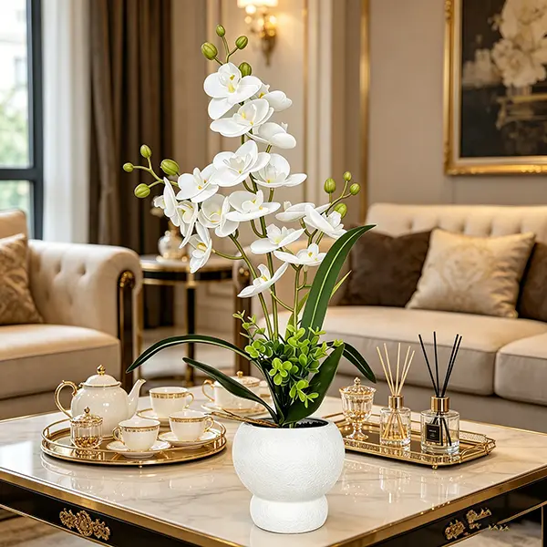 19.2inArtificial White Phalaenopsis Orchid in White Textured Pot, Real Touch Fake Orchid Plant, Elegant Faux Butterfly Orchid Arrangement for Home Office Table Centerpiece Decor, No Maintenance Fake Flower Decor