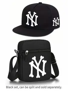 Fashion Letter Pattern Print Set, Unisex Flat Brim Hip-Hop NY Baseball Cap and Crossbody Bag, Street Style Outdoor Sports Hat and Bag