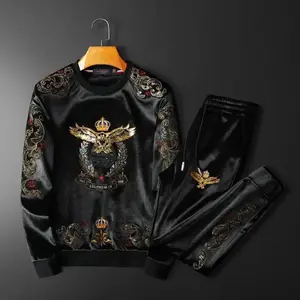 Men's 2-Piece Polyester Long-Sleeve Winter Casual Suit Set - Plus-Velvet Round-Neck, High-End Embroidered Crown Eagle Print, Padded Top with Pants (Menswear)