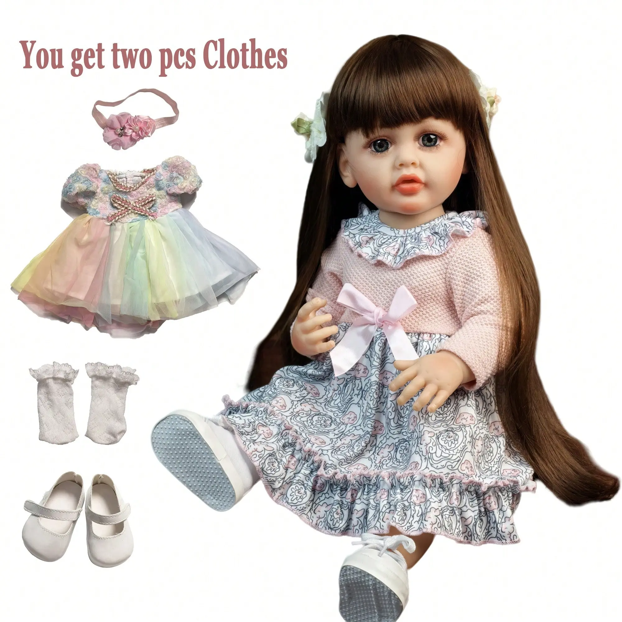 KEIUMI Betty Reborndoll - 22in (55cm) Lifelike Newborn Full Silicone Baby Girl Doll, Long Brown Hair, Blue Eyes, Pink Bow Floral Dress, White Canvas Shoes, Bonus: Rose Dress, Pearl Headband, Lace Socks, Milk Bottle, Gift for Kids 3+ (Birthday, Christmas),