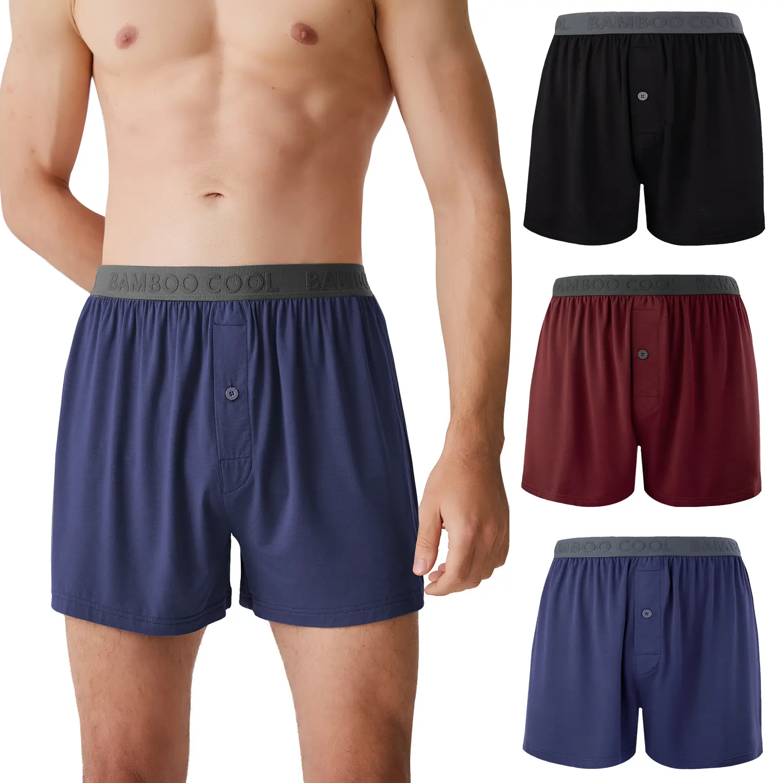 BAMBOO COOL Men's Plain Bamboo Boxers - Soft, Comfortable, Breathable Knit Fabric, Tagless Fly, 3 or 5 Pack, 3a-Navy, Premium Menswear Casual Underwear, Minimalist, Sleepwear, Button Fly, Family, Beaches, Soft Bamboo