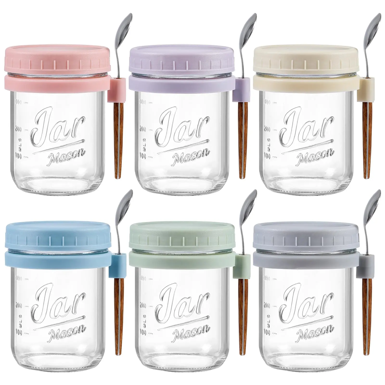 Jar Keeper 6 or 4 Pack Overnight Oats Containers with Lids and Spoons, 16 oz Glass Mason Jars, Airtight, Large Capacity for Kitchen Use