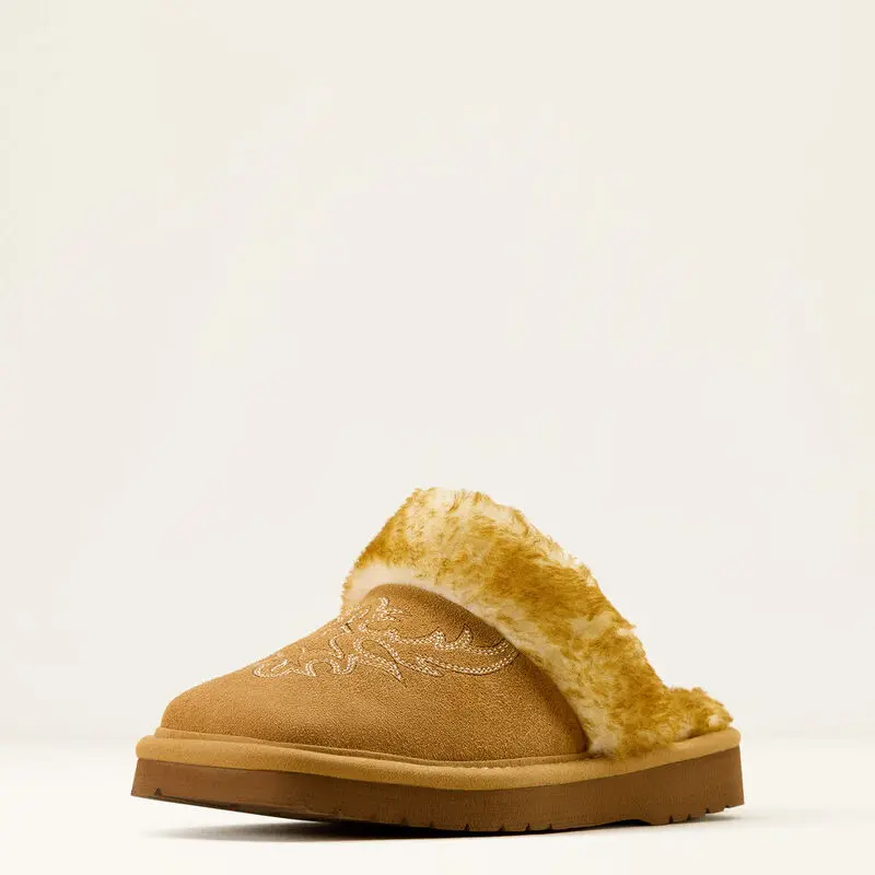 Ariat Jackie Embroidery Cowgirl Square Toe Slipper Chestnut, Shoe, Foam, Footwear, Women, Slide, Slip On, Eva, Casual, Indoor, Foam Cushioned, Faux Single Stitch, Indoor‑Outdoor Use, Fringed Suede