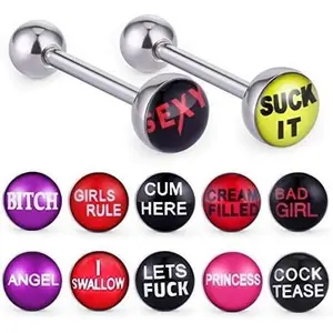 12pcs Fancy Words Pictures Logo Stainless Steel Straight Barbells Tongue Rings Bars Piercing Jewelry