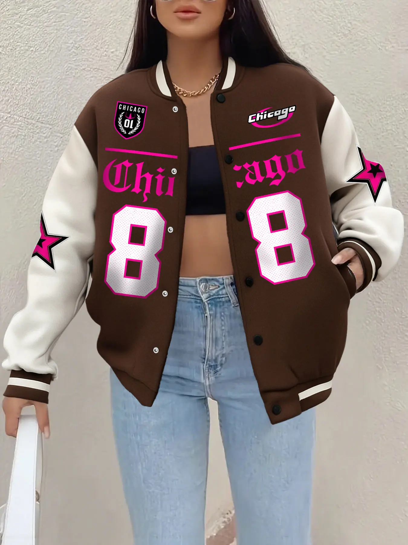Women's Fashion Letter Print Casual Baseball Jacket Coats, Outerwear, Patchwork Design with Button Details, Long Sleeve, Perfect for Fall & Spring