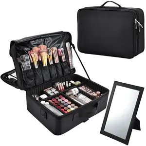 3 Layer Large Makeup Case with Mirror Makeup Bag Professional Train Case Travel Cosmetic Organizer Portable Make up Brush Bag Organizer Storage with Adjustable Dividers and Shoulder Strap