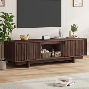 Fluted Design TV Stand for 65" TVs, Mid-Century 55''L Entertainment Center with Sliding Door Storage Cabinet, Media Console Table for Living Room, Bedroom, Apartment, Small Space