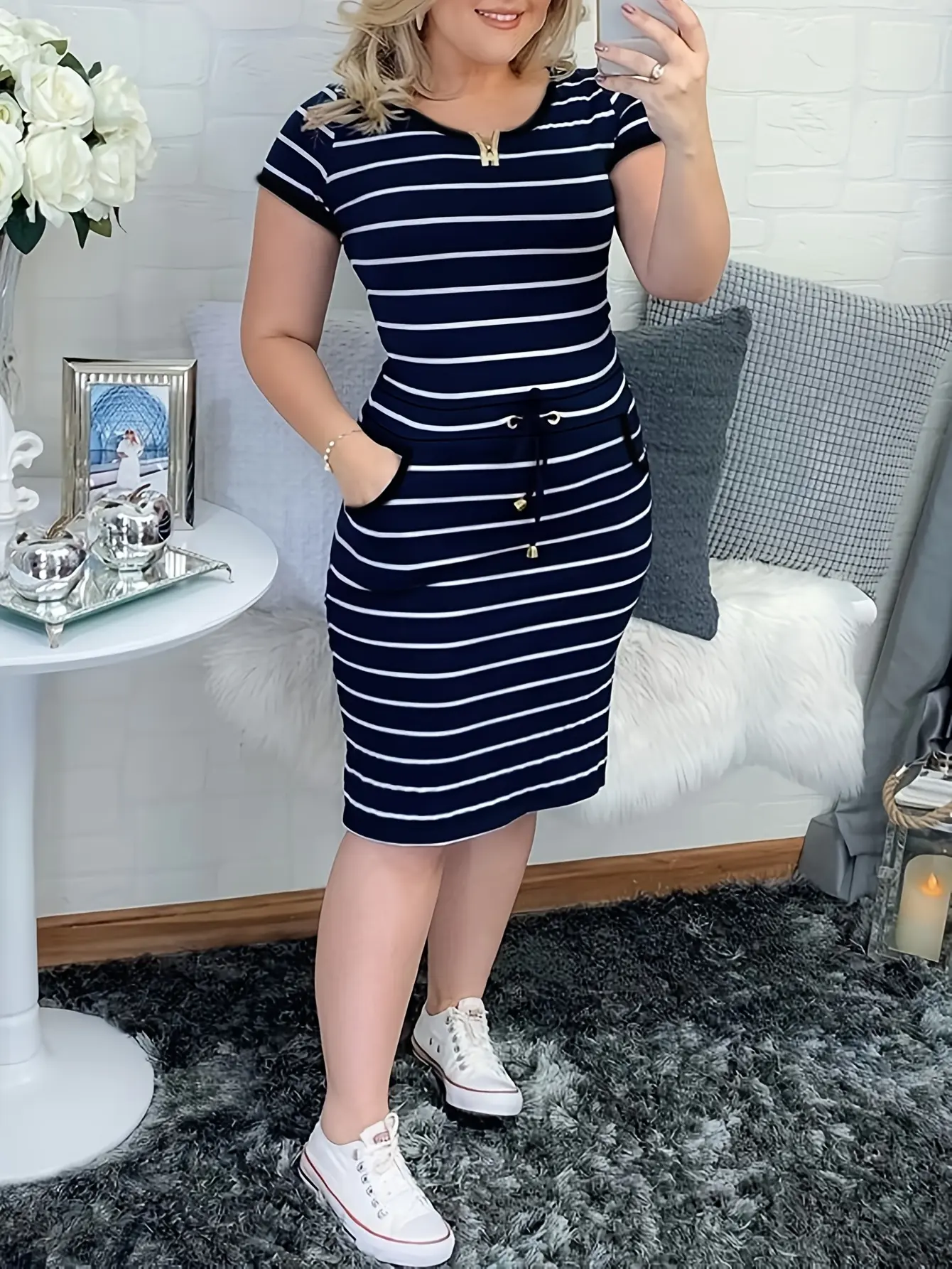 New Casual Striped Drawstring Bodycon Dress with Double Pockets