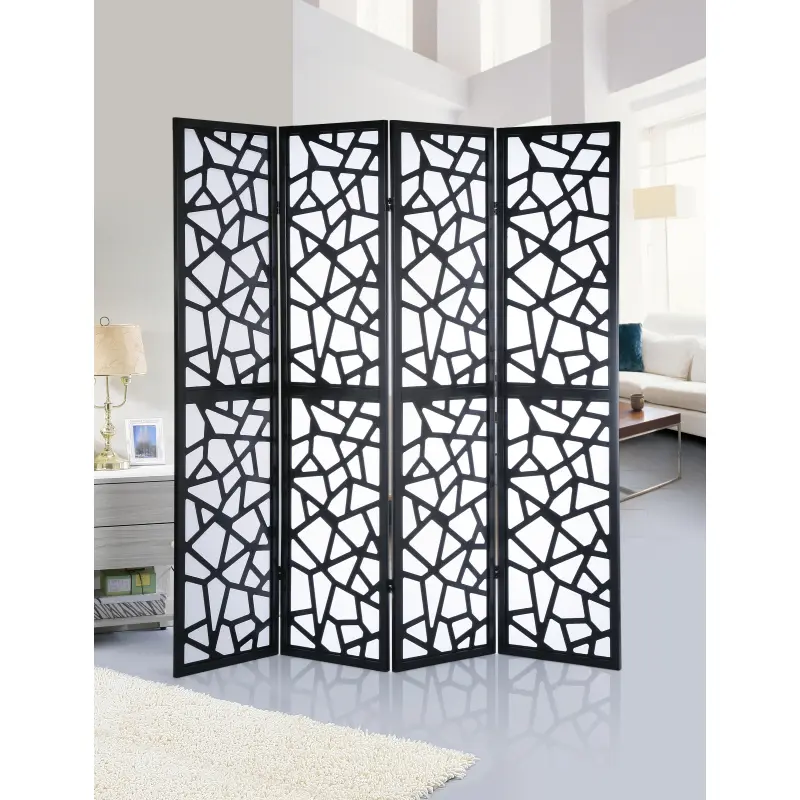 Giyano 4-Panel Folding Room Divider - Black Wood Frame, Mosaic Cut, Pre-Assembled, Premium High-Quality Materials, Stable & Sturdy Privacy Screen for Home Office, Foldable Flats, Four Panels