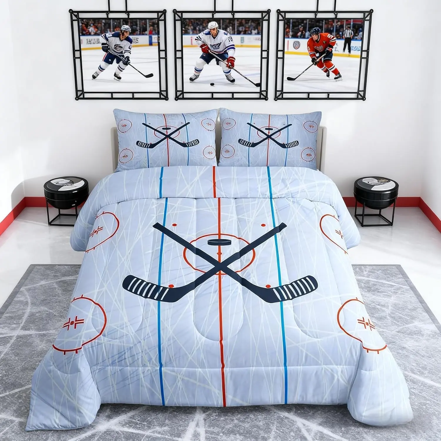 Ice Hockey Kids Comforter Set Hockey Stadium Rink Bedding Set,Boys Girls Adults Bedroom Decor,Winter Event Ball Games Lovers Down Comforter,Modern Stylish Duvet Insert