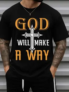 Men'S God Will Make a Way Christian Faith T-Shirt - 100% 180GSM Heavyweight Black with Orange Lettering & Cross Design, Inspirational Bible Verse Short Sleeve Round Neck Casual Church Wear, All-Season Fit Religious Apparel for Men
