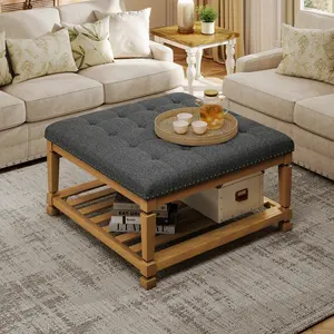 32''Large Square Ottoman Coffee Table, Linen Solid Upholstered Footrest Ottoman with Solid Wood Shelf Storage Tufted Coffee Table for Bedroom Living Room
