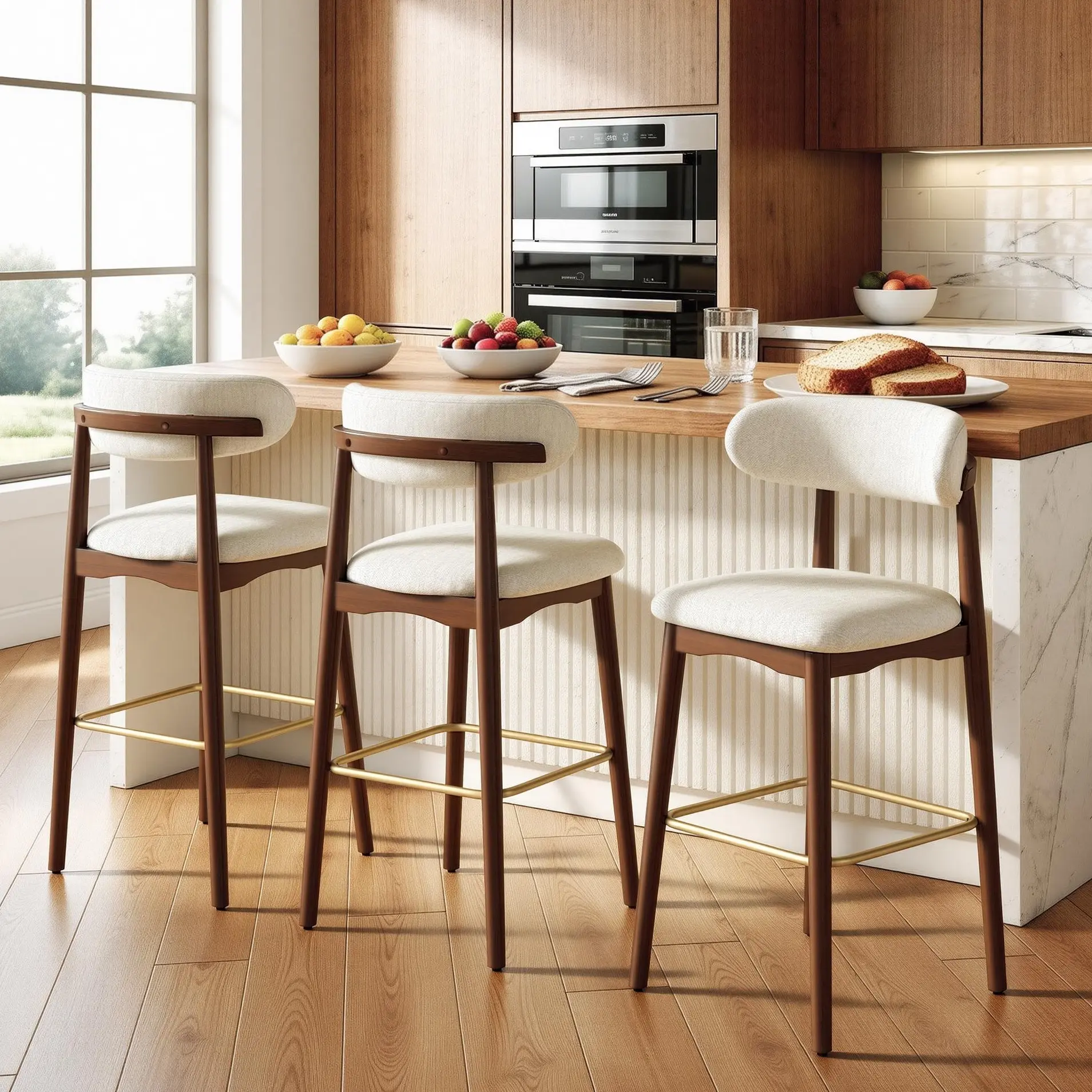 29'' Solid Wood Bar Stools, Set of 2/3/4, Premium Chenille Upholstery with Backrest and Brass-Toned Metal Footrest, Counter-Height Stools for Kitchen Islands, Home Bars, and Pubs