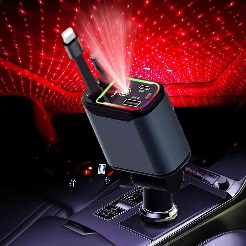4-in-1 Retractable Car Roof Charger with Anti-Tangle Cables, Dual Charge Ports, Starlight LED Lights - Smart, High Efficiency Type C Phone Charging Accessory for Automotive Use, Type C Charger, Smart Car Charger