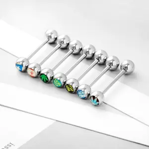 7-Piece Tongue Ring Set, Assorted Funky Printed Ball Tops, Straight Barbells with Colorful Graphics for Body Piercing