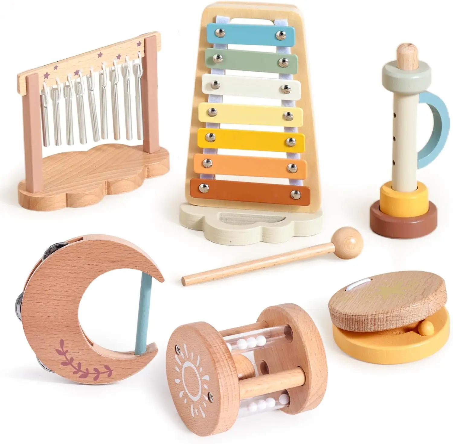 Montessori Wooden Percussion Musical Instruments Set with Xylophone & 1 Tambourine, Unisex Toddler Preschool Educational Play Toys for Holidays, Birthdays, Includes 1 Finger Castanet