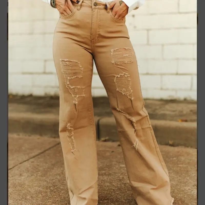 CAMEL WASH HIGH RISE DISTRESSED WIDE LEG JEANS PLUS SIZE 33.5IN INSEAM Comfortable Fit for Everyday Wear