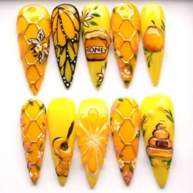 Honey Bee Press On Nails 3D Bumblebee Press On Nails Realistic Honey Jar Butterfly Nail Art Yellow Summer Garden Nails