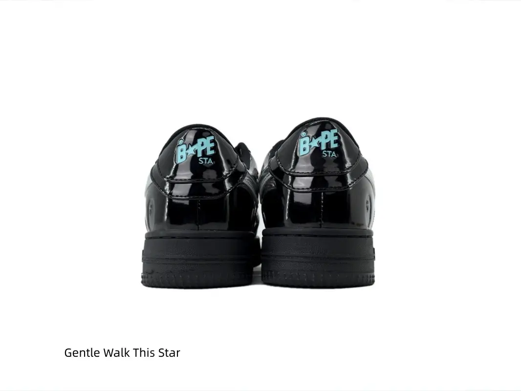 Unisex Solid Black Glossy Patent Leather Low Top Casual Sneakers, Bold Silver Stitched Star Side Logo, Black Flat Laces, Cushioned Insole Street Flat Shoes For Daily Outfit, Casual Travel & Street Fashion