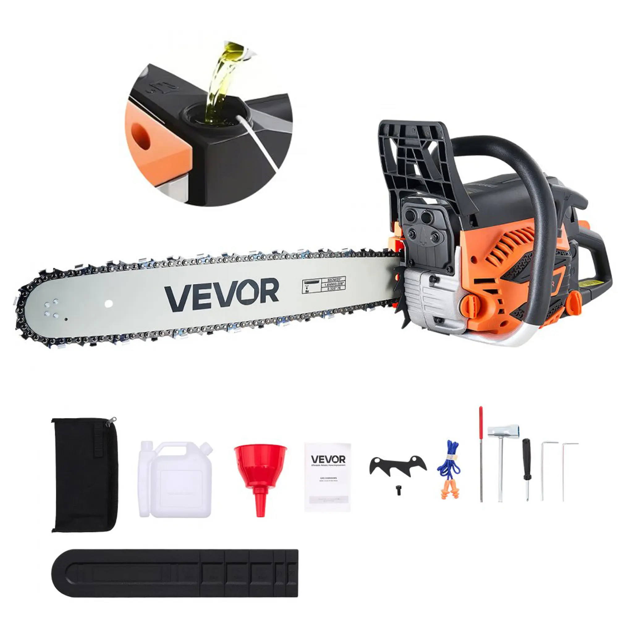 VEVOR 20inch 62CC Gas Powered Chainsaw, 3.8 HP 2 Stroke Engine Gas Power Chainsaws with Non-Slip Handle, Gas Chainsaws with Dual Fuel Tanks, For Wood Cutting, Tree Trimming, and Land Clearing