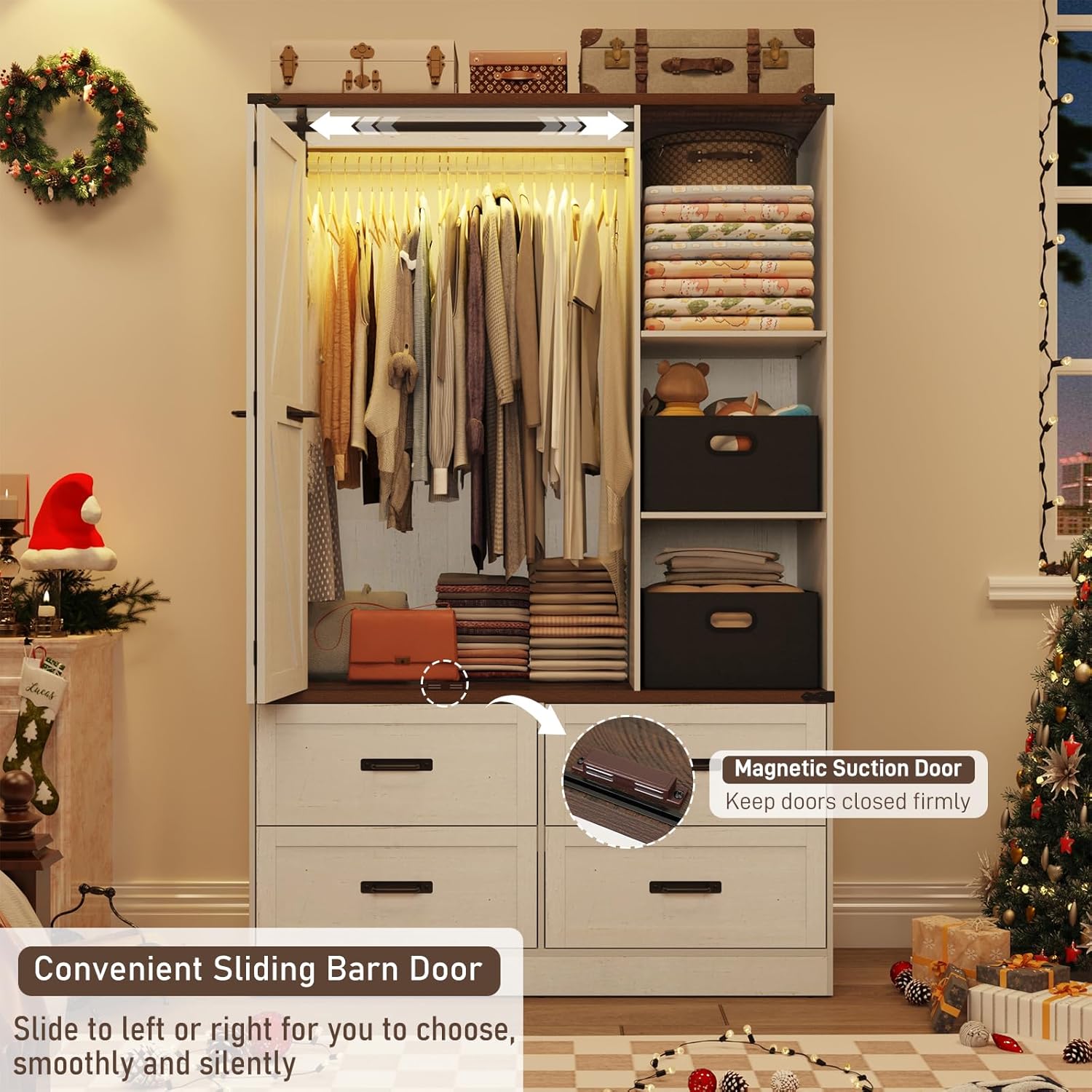 Farmhouse 6 Doors/4 Doors/3 Doors Armoire Wardrobe Closet w/Folding Sliding Barn Door and Lights, LED Armoire Closet w/Drawers for Bedroom, Freestanding Wooden Wardrobe Storage Closets w/Hanging Rod (Antique White/Rustic Brown/Black)