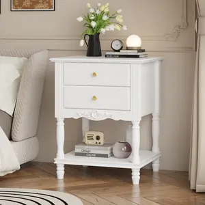Vintage Wooden Nightstand 2 Drawers Bottom Shelf, Elegant Bedside Table End Side Table for Bedroom, White (19.7”W x 16.9”D x 25.2”H) Storage Decor Design Modern