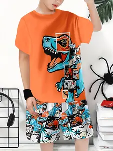 Boys' Latest 3D Fashion Graphic Print Set, Summer Casual Two-Piece, Perfect for Holidays and Birthdays, Kids' Clothing Essentials Shorts