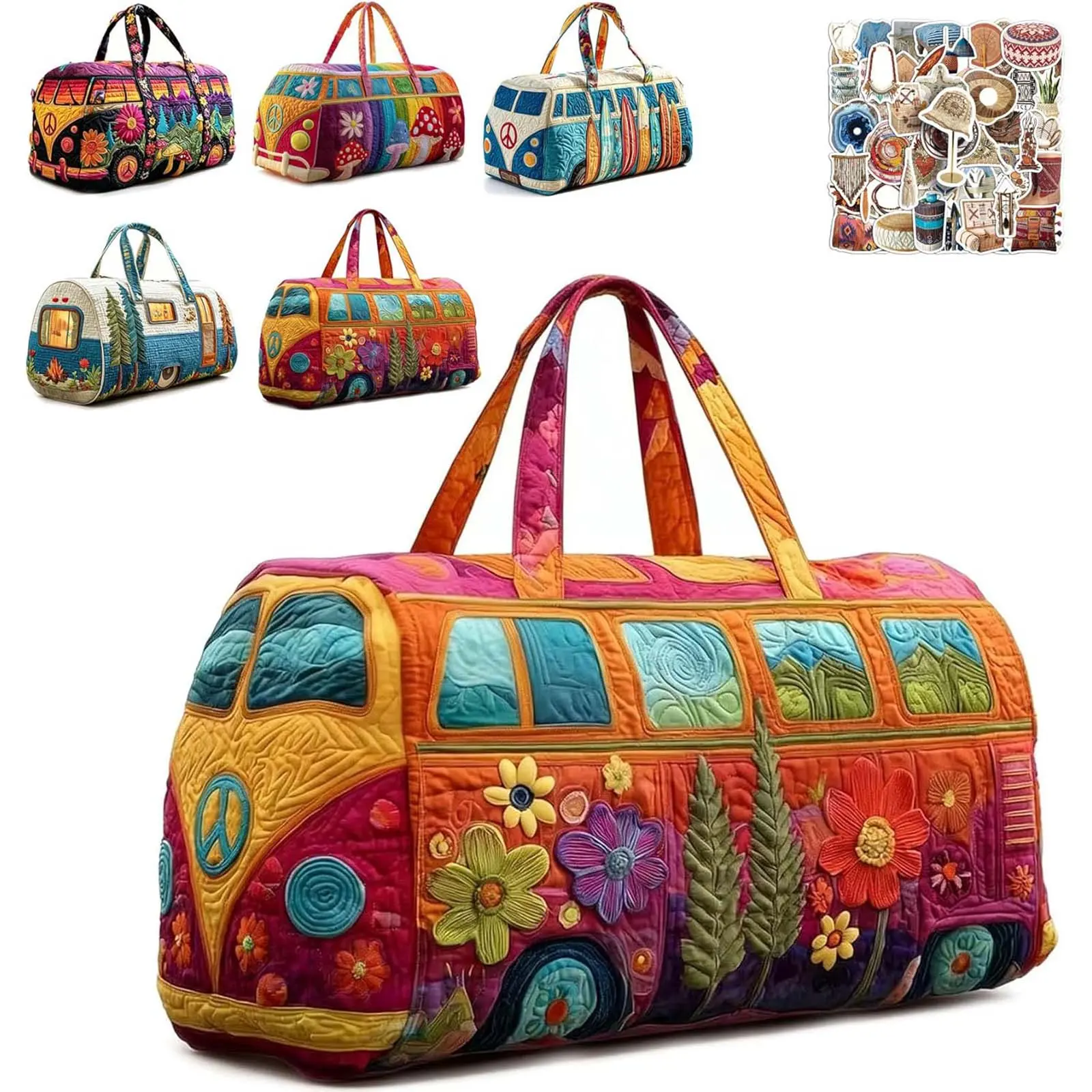 Retro Van Shape Quilted Duffle Printed Bag,Colorful Hippie Peace Sign, Wild Design, Travel Weekender Tote Bag