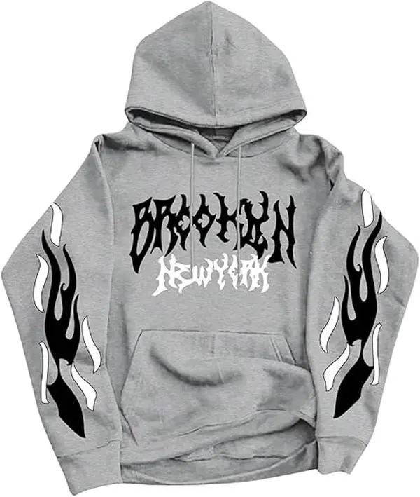 Manfinity Men's Street Flame Pattern Street Font Design Print Drawstring Hoodie, A Light Gray Long-Sleeved Hoodie Suitable For Autumn And Winter, Suitable For Friends, Boyfriend Gifts, Emo Style, 2000s Style