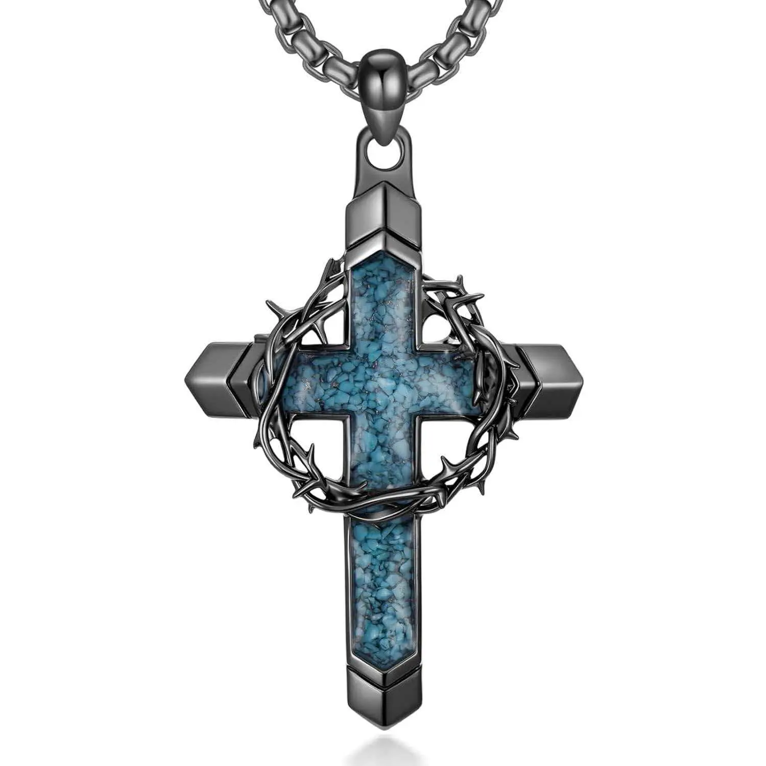 Vintage Stainless Steel Thorn Crown Turquoise Cross Faith Pendant Necklace, Men's Fashion Costume Jewelry Accessory
